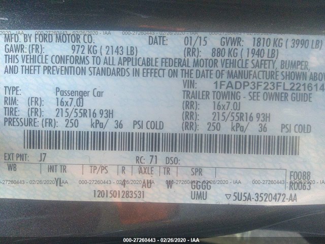 Photo 8 VIN: 1FADP3F23FL221614 - FORD FOCUS 