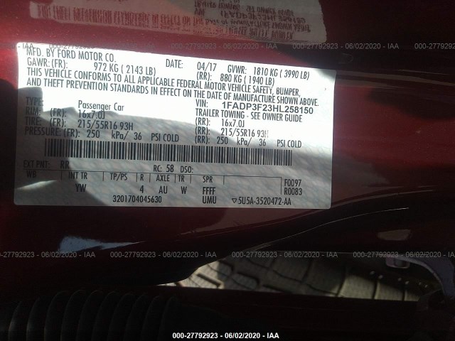 Photo 8 VIN: 1FADP3F23HL258150 - FORD FOCUS 