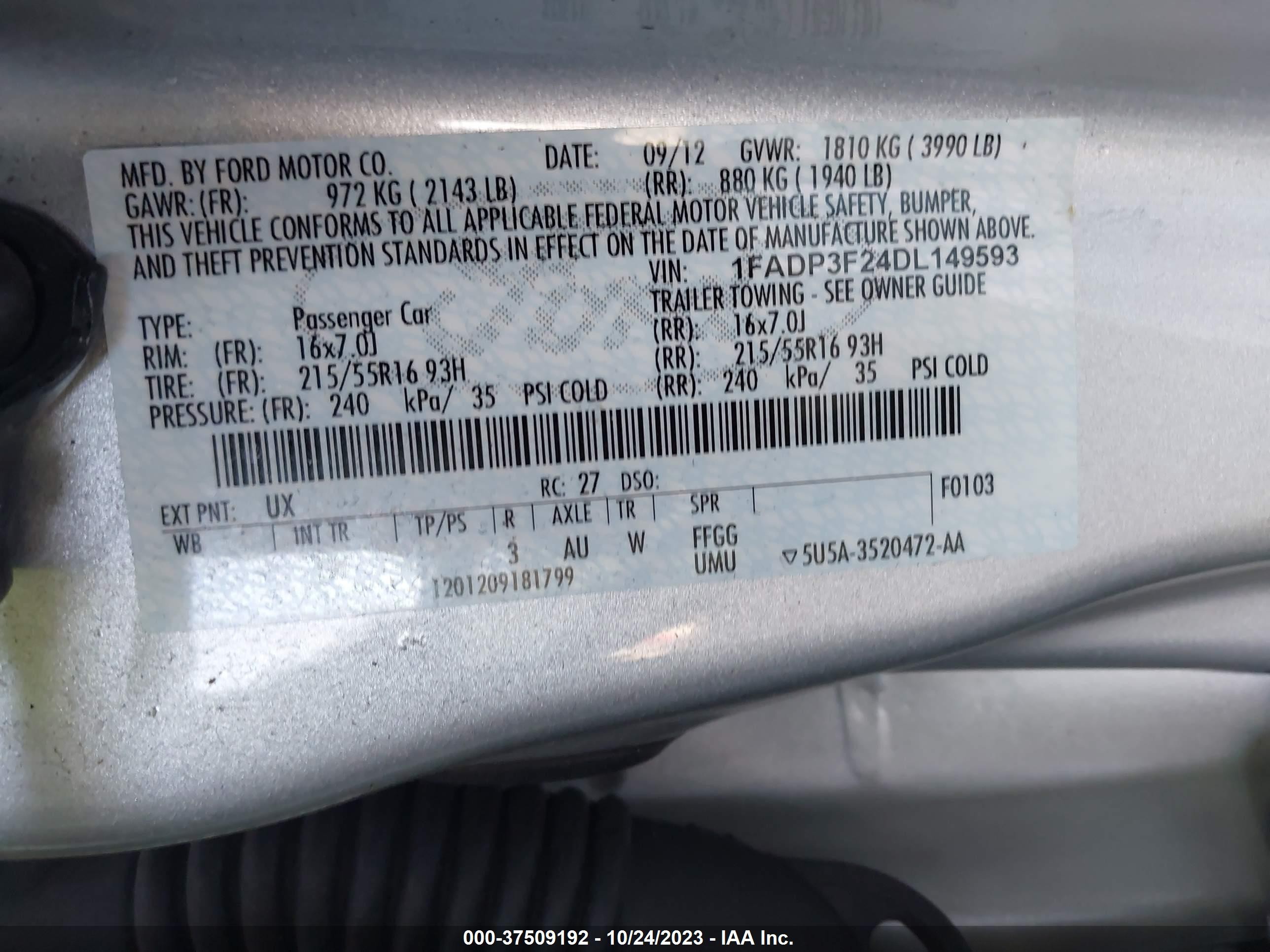 Photo 8 VIN: 1FADP3F24DL149593 - FORD FOCUS 