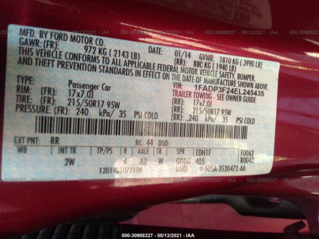 Photo 8 VIN: 1FADP3F24EL245435 - FORD FOCUS 