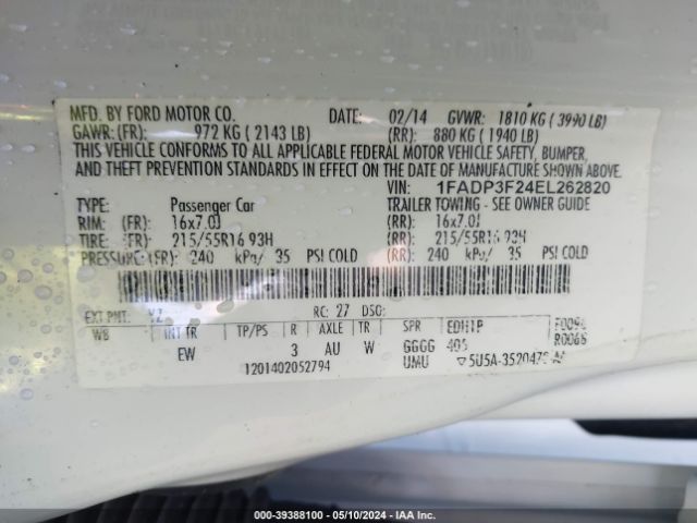 Photo 8 VIN: 1FADP3F24EL262820 - FORD FOCUS 