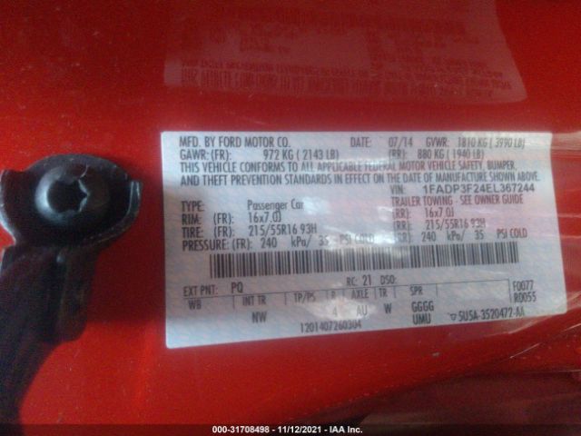 Photo 8 VIN: 1FADP3F24EL367244 - FORD FOCUS 