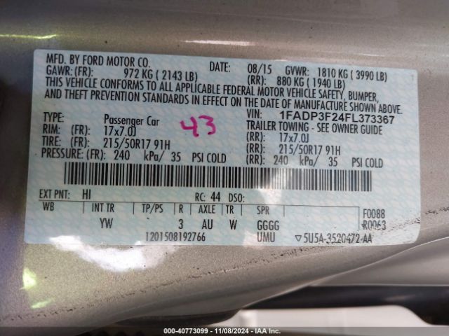 Photo 8 VIN: 1FADP3F24FL373367 - FORD FOCUS 