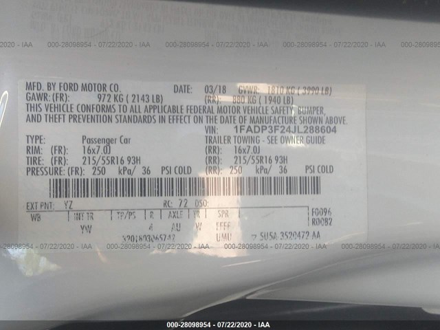 Photo 8 VIN: 1FADP3F24JL288604 - FORD FOCUS 