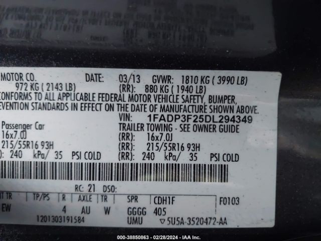 Photo 8 VIN: 1FADP3F25DL294349 - FORD FOCUS 