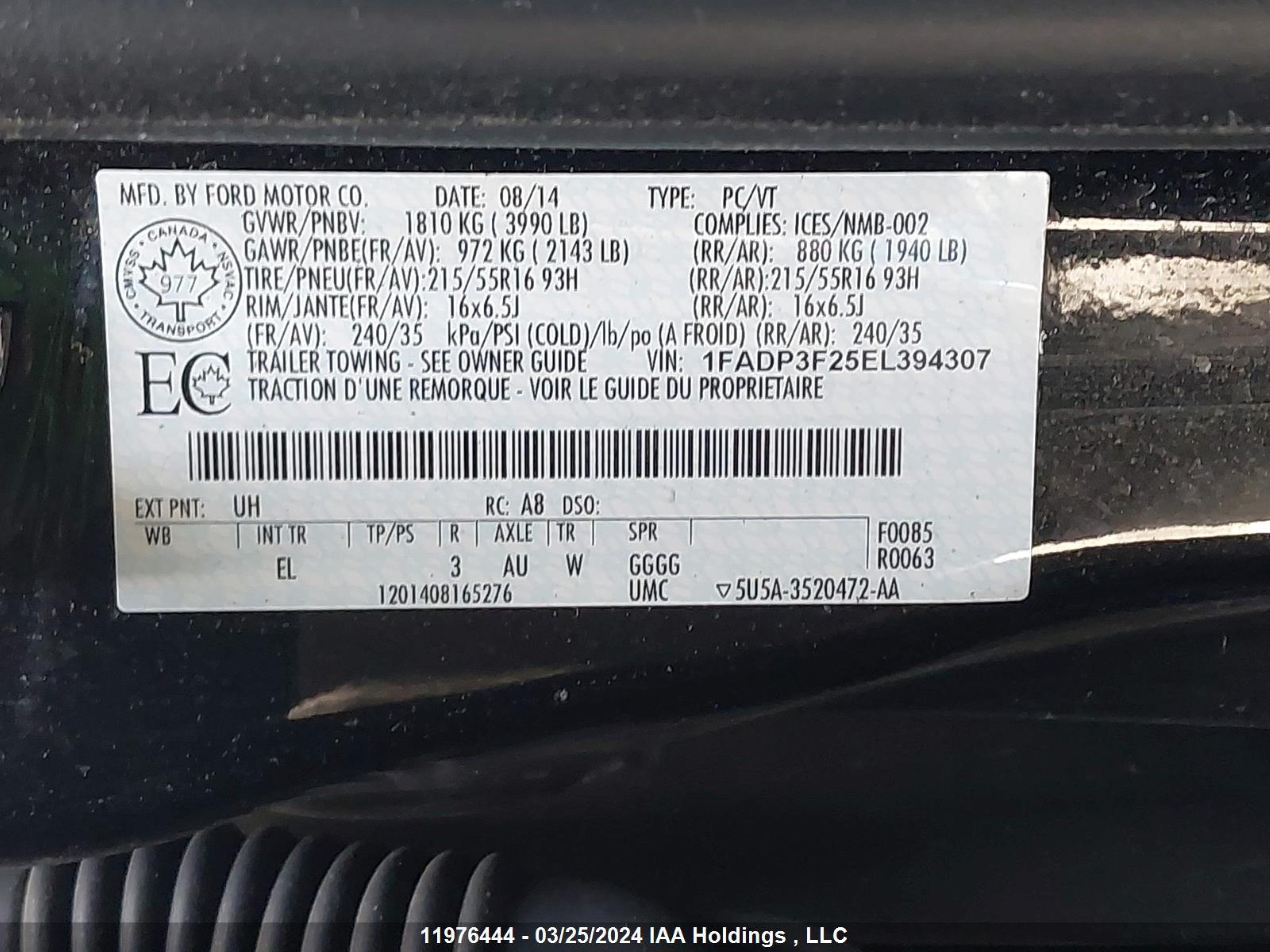 Photo 8 VIN: 1FADP3F25EL394307 - FORD FOCUS 