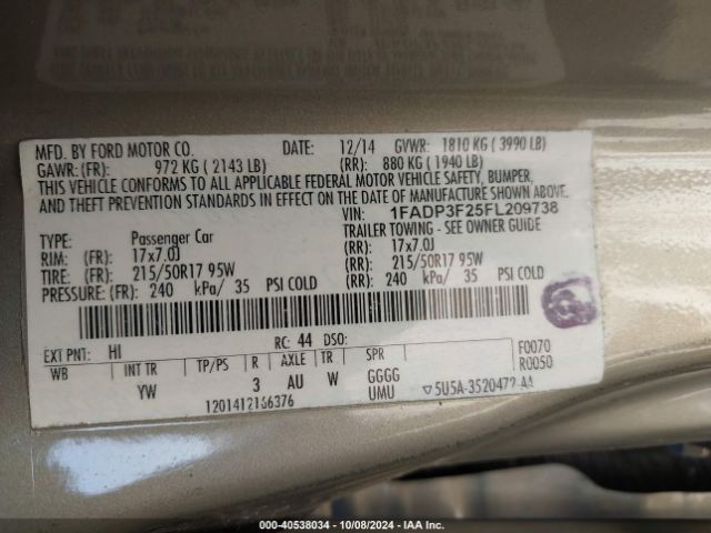 Photo 8 VIN: 1FADP3F25FL209738 - FORD FOCUS 