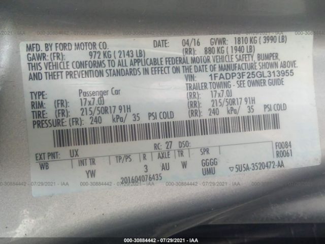 Photo 8 VIN: 1FADP3F25GL313955 - FORD FOCUS 