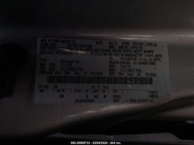 Photo 8 VIN: 1FADP3F25GL321876 - FORD FOCUS 