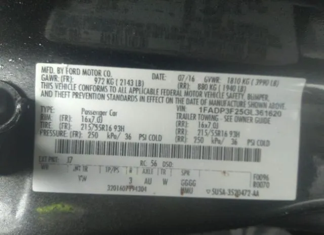 Photo 8 VIN: 1FADP3F25GL361620 - FORD FOCUS 