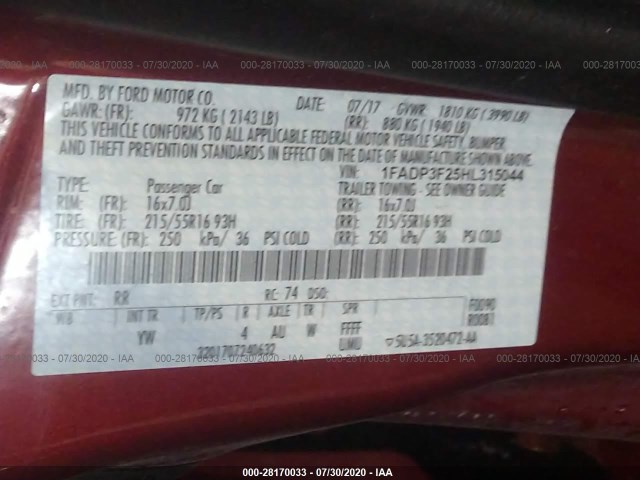 Photo 8 VIN: 1FADP3F25HL315044 - FORD FOCUS 