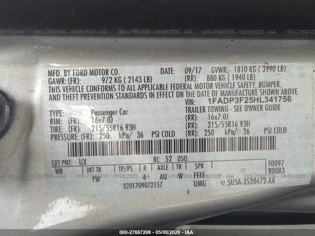 Photo 8 VIN: 1FADP3F25HL341756 - FORD FOCUS 