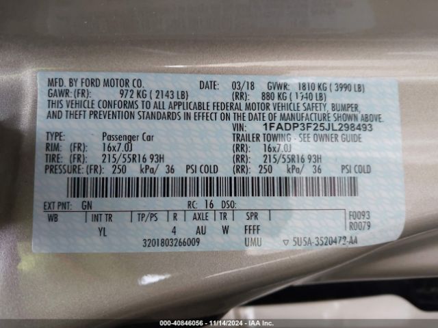 Photo 8 VIN: 1FADP3F25JL298493 - FORD FOCUS 