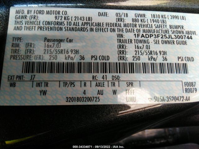 Photo 8 VIN: 1FADP3F25JL300744 - FORD FOCUS 