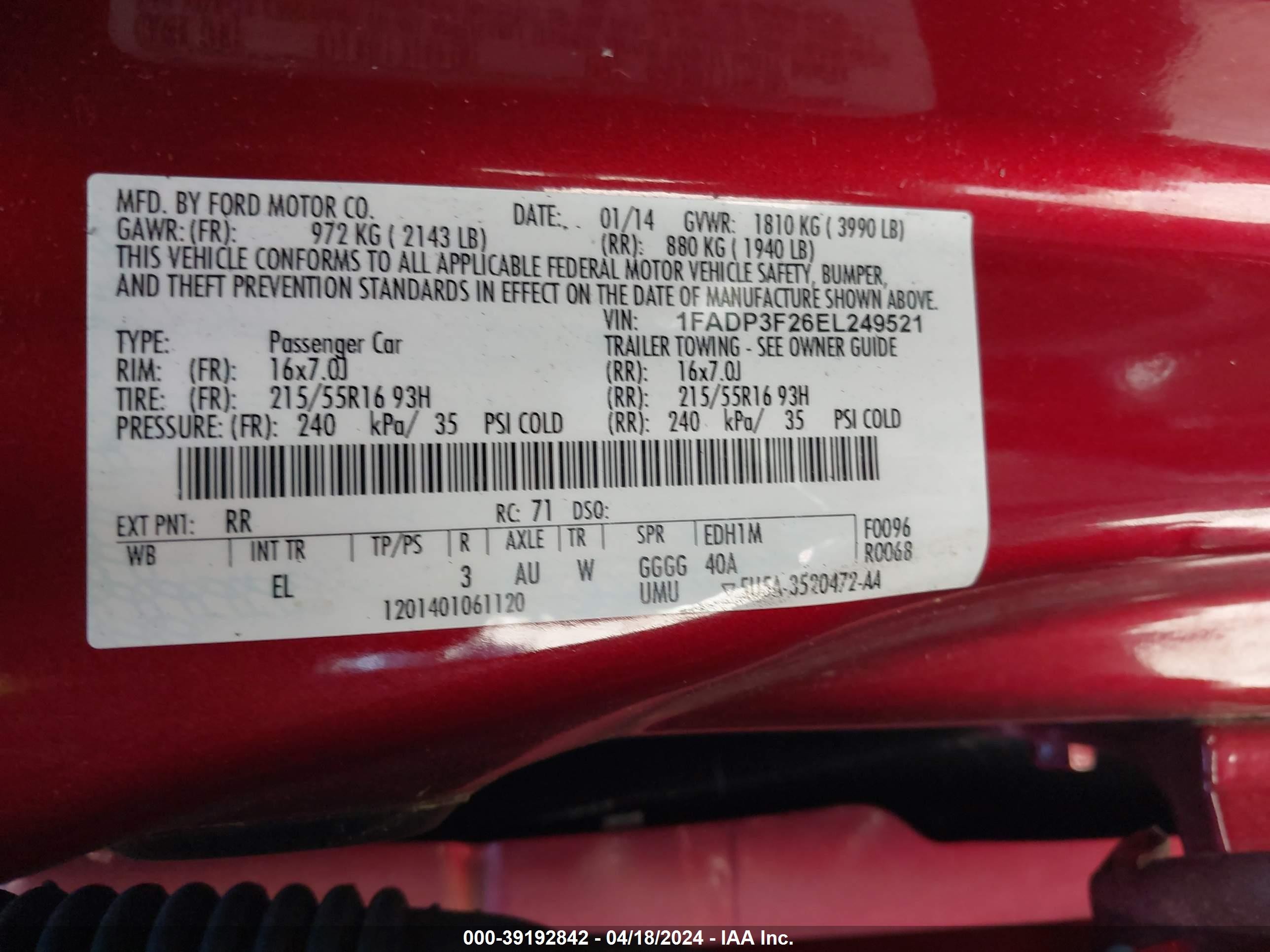 Photo 8 VIN: 1FADP3F26EL249521 - FORD FOCUS 