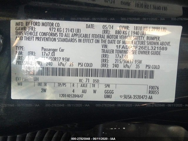 Photo 8 VIN: 1FADP3F26EL321589 - FORD FOCUS 