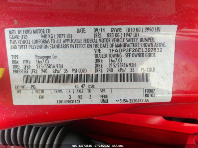 Photo 8 VIN: 1FADP3F26EL397832 - FORD FOCUS 