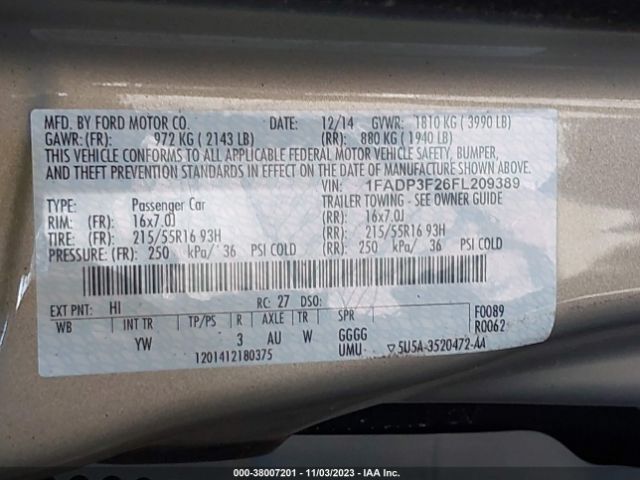 Photo 8 VIN: 1FADP3F26FL209389 - FORD FOCUS 