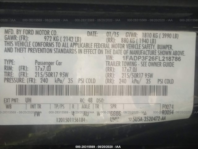 Photo 8 VIN: 1FADP3F26FL218786 - FORD FOCUS 