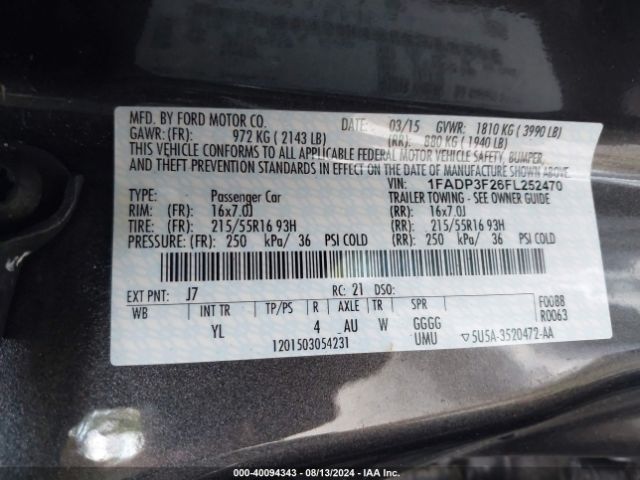 Photo 8 VIN: 1FADP3F26FL252470 - FORD FOCUS 