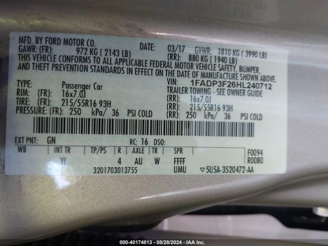 Photo 8 VIN: 1FADP3F26HL240712 - FORD FOCUS 