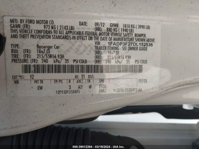 Photo 8 VIN: 1FADP3F27DL152536 - FORD FOCUS 