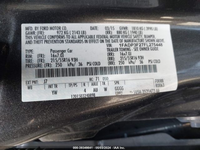 Photo 8 VIN: 1FADP3F27FL275448 - FORD FOCUS 