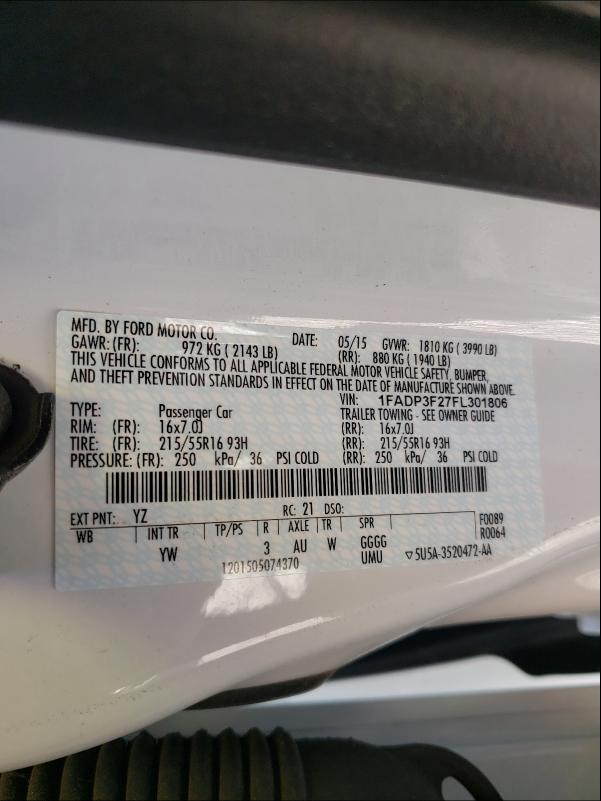 Photo 9 VIN: 1FADP3F27FL301806 - FORD FOCUS SE 