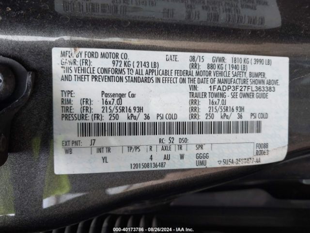 Photo 8 VIN: 1FADP3F27FL363383 - FORD FOCUS 