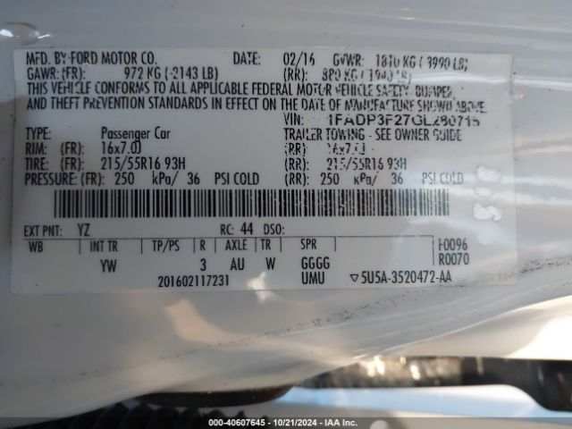 Photo 8 VIN: 1FADP3F27GL280716 - FORD FOCUS 