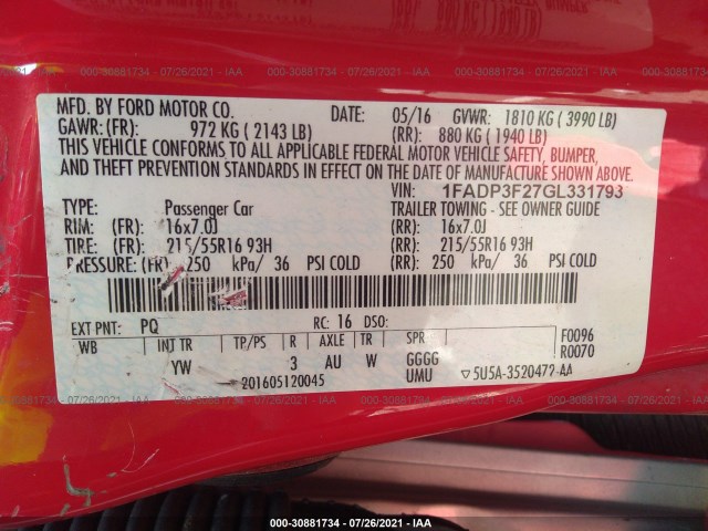 Photo 8 VIN: 1FADP3F27GL331793 - FORD FOCUS 