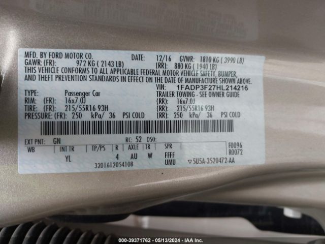 Photo 8 VIN: 1FADP3F27HL214216 - FORD FOCUS 