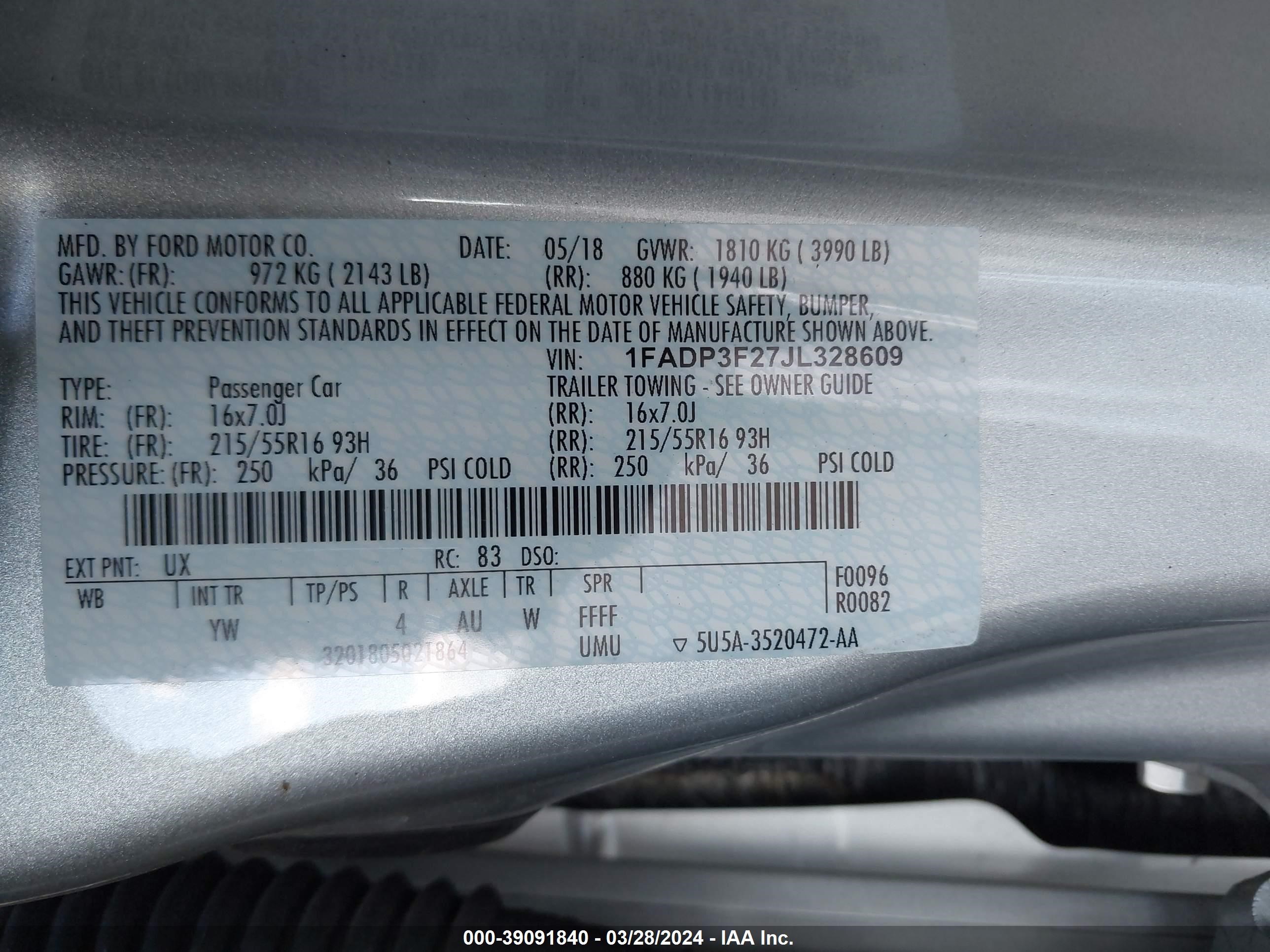 Photo 4 VIN: 1FADP3F27JL328609 - FORD FOCUS SE 