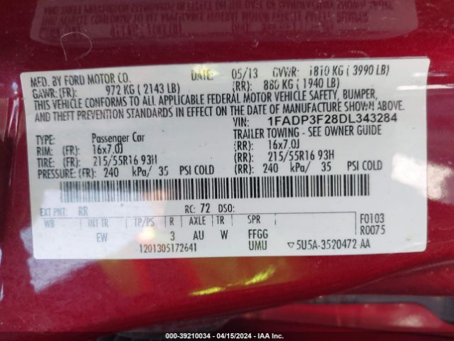 Photo 8 VIN: 1FADP3F28DL343284 - FORD FOCUS 