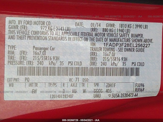 Photo 8 VIN: 1FADP3F28EL256227 - FORD FOCUS 