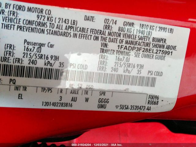 Photo 8 VIN: 1FADP3F28EL275991 - FORD FOCUS 