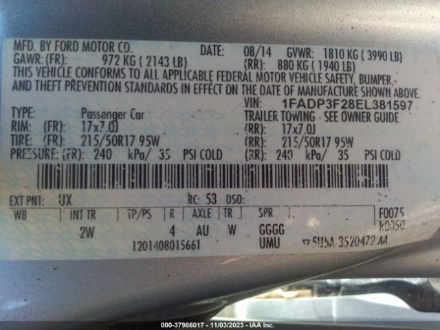 Photo 8 VIN: 1FADP3F28EL381597 - FORD FOCUS 