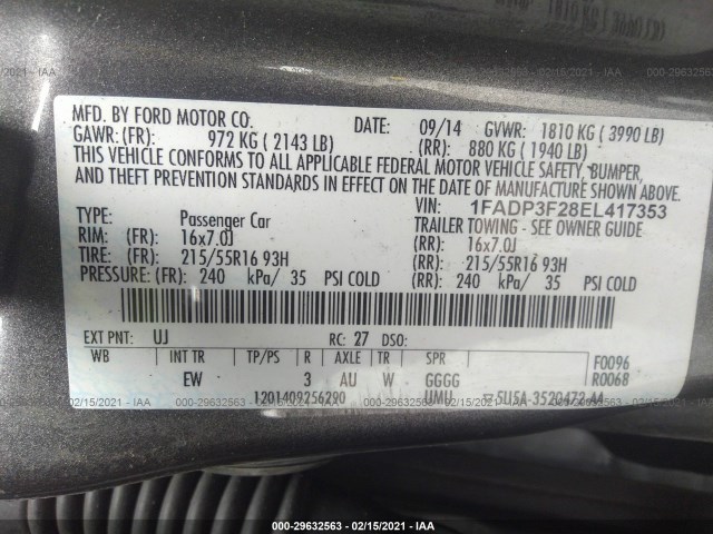 Photo 8 VIN: 1FADP3F28EL417353 - FORD FOCUS 