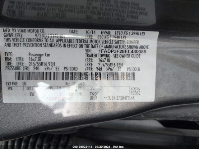 Photo 8 VIN: 1FADP3F28EL430085 - FORD FOCUS 