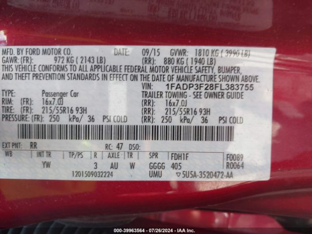 Photo 8 VIN: 1FADP3F28FL383755 - FORD FOCUS 