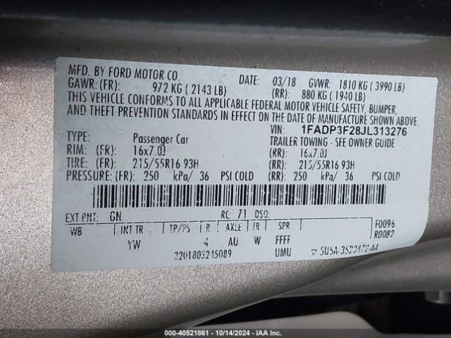 Photo 8 VIN: 1FADP3F28JL313276 - FORD FOCUS 