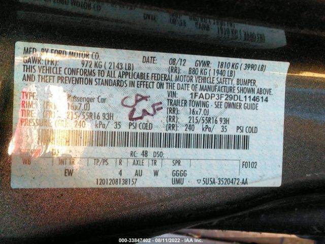 Photo 8 VIN: 1FADP3F29DL114614 - FORD FOCUS 