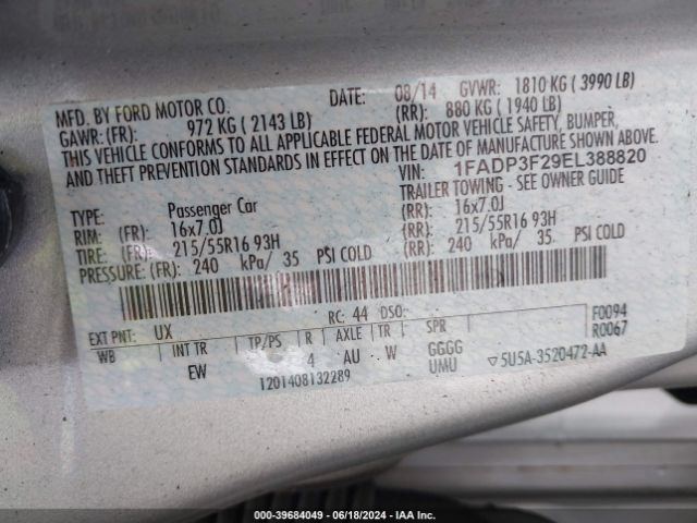 Photo 8 VIN: 1FADP3F29EL388820 - FORD FOCUS 