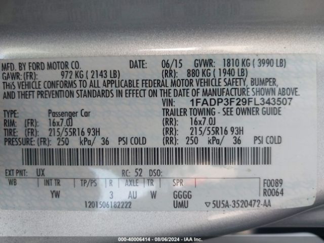 Photo 8 VIN: 1FADP3F29FL343507 - FORD FOCUS 