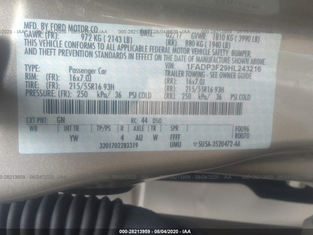 Photo 8 VIN: 1FADP3F29HL243216 - FORD FOCUS 