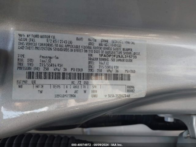 Photo 8 VIN: 1FADP3F29JL315733 - FORD FOCUS 