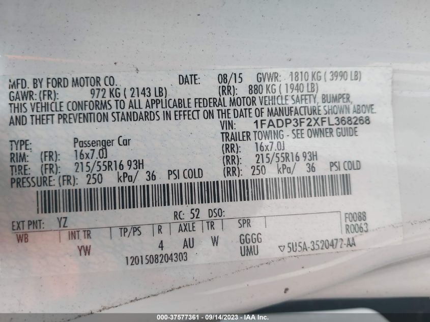 Photo 8 VIN: 1FADP3F2XFL368268 - FORD FOCUS 