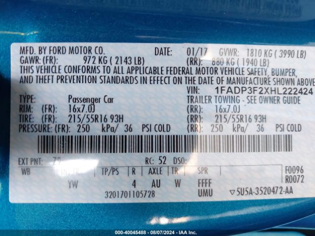 Photo 8 VIN: 1FADP3F2XHL222424 - FORD FOCUS 