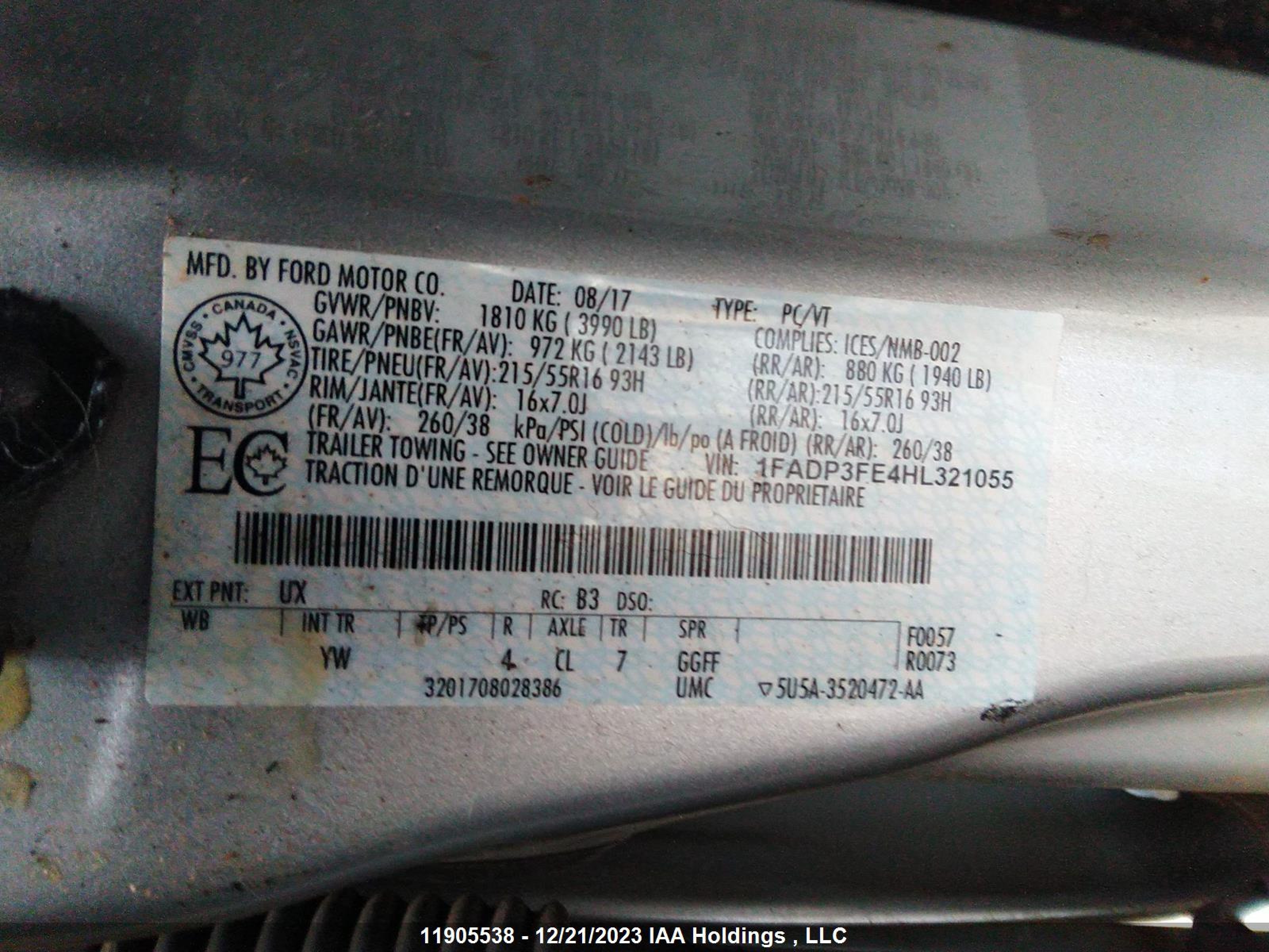 Photo 8 VIN: 1FADP3FE4HL321055 - FORD FOCUS 