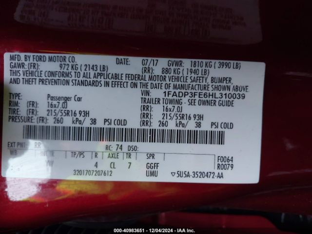 Photo 8 VIN: 1FADP3FE6HL310039 - FORD FOCUS 